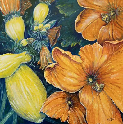 Bees on Blossoms, oil painting by Beckie Hawk