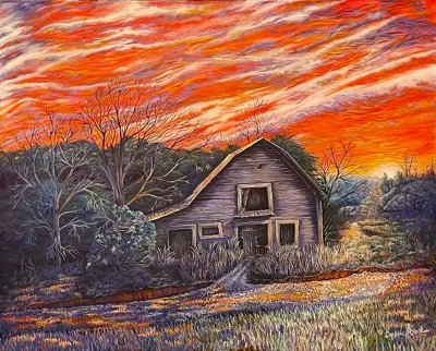 Forgotten Shelter in Firelight, oil painting by Beckie Hawk