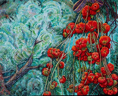 Tomatoes in Pines, oil painting by Beckie Hawk