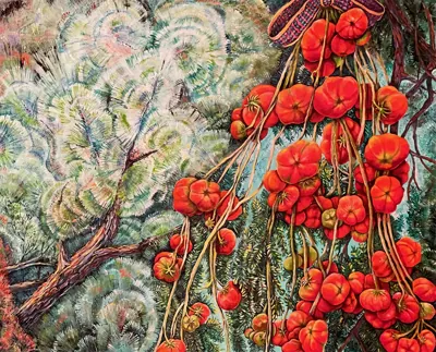 Tomatoes in Pines, oil painting by Beckie Hawk