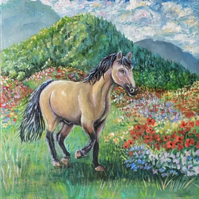 Wild Horse, Wild Flowers: A Harmony of Serenity and Freedom, oil painting by Beckie Hawk