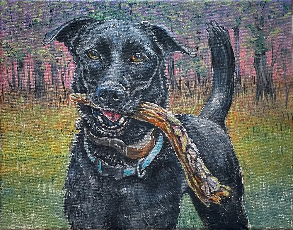Custom pet portrait of Tex carrying his favorite stick
